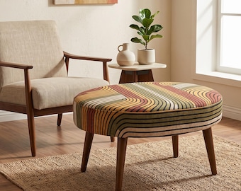 Earth Tone Stripe Coffee Table | Mustard Yellow Retro Stool | Olive Green Upholstered Ottoman