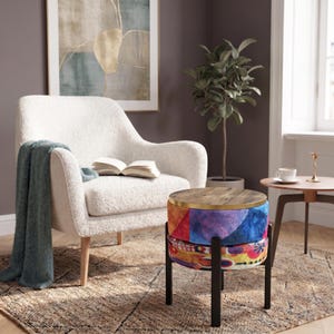 Vibrant Abstract Geometric Reversible Pouf | Colorful Round Wood Stool RB 05/25