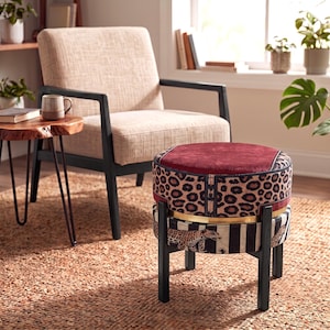 Eclectic Leopard Motif Red Stool | Makeup Pouf Saloon Decor Accent RB 2138/2149
