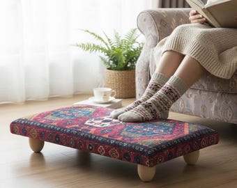 Autumn Orange Turkish Kilim Footrest Padded Seat | Ethnic Pattern Wood Bench, RB-2240