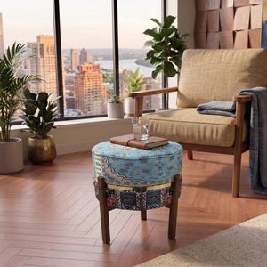 Blue Medallion & Rust Geometric Ottoman | Convertible Wooden Tray Stool