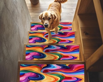 May include: A set of four colourful stair treads with a swirling abstract pattern in shades of yellow, orange, red, pink, purple, blue, and green. The treads are on a wooden staircase with a golden retriever dog standing on the top tread.