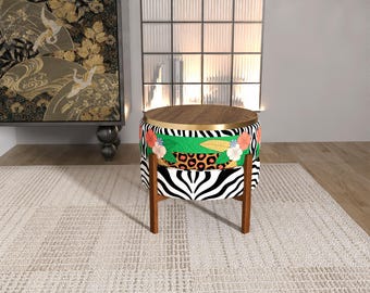 Reversible Leopard Floral Jungle Pouf | Zebra Striped Safari Accent Pod RB 2098/2473