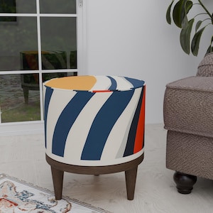 Retro round stool, Accent pouf piece, Versatile footstool, Ottoman piano pouf, Round side table, Eclectic footrest, Colorful pouf stool