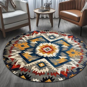 Ethnic pattern print rug, Contemporary rug, Chic rug, Meditation rug, Round rug, Tribal rug, Elegant rug, Non slip washable rug, RB-581