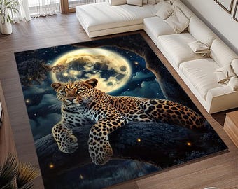 Wild animal rug, Leopard print rug, Night theme rug, Hallway rug, Winter holiday rug, Washable rug, Non slip rug, Bohemian rug, RB-926