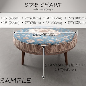 a round ottoman with a patterned design, along with measurements and a size chart indicating the dimensions of the ottoman in centimeters.