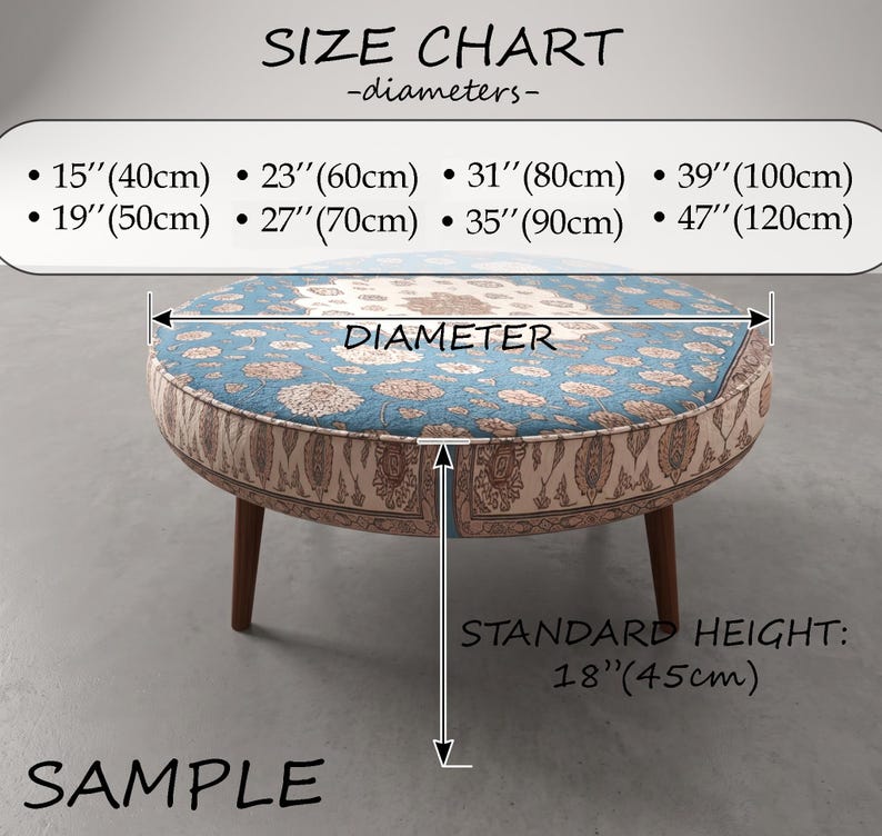 a round ottoman with a patterned design, along with measurements and a size chart indicating the dimensions of the ottoman in centimeters.