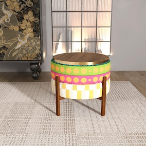 Poef met gingham-print en dierenprint | Gele omkeerbare koffieplank RB 2124/2163