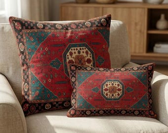 Deep red and teal geometric medallion pillow cover, primitive home decor, RB-2257