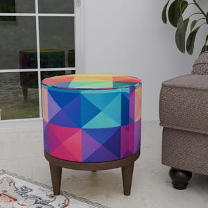 Colorful round footstool, Plaid ottoman pouf, Round coffee table, Durable footrest, Wood work stool, Round seat pouf, Eclectic footstool