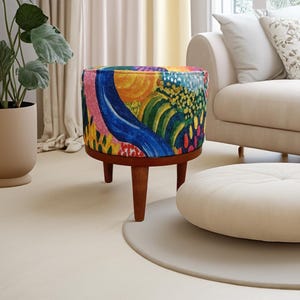 Colorful round pouf, Vanity footstool, Wood work pouf, Artwork pouf stool, Comfortable seating, Housewarming footrest, Chic gift for mom