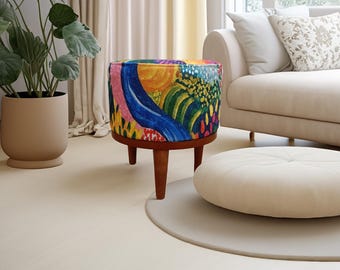 Colorful round pouf, Vanity footstool, Wood work pouf, Artwork pouf stool, Comfortable seating, Housewarming footrest, Chic gift for mom