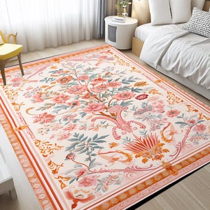 Floral rug, Vintage inspired rug, Pinky rug, Authentic rug, Versatile rug, Surface rug, Washable rug, Latex backing rug, Runner rug, RB-993