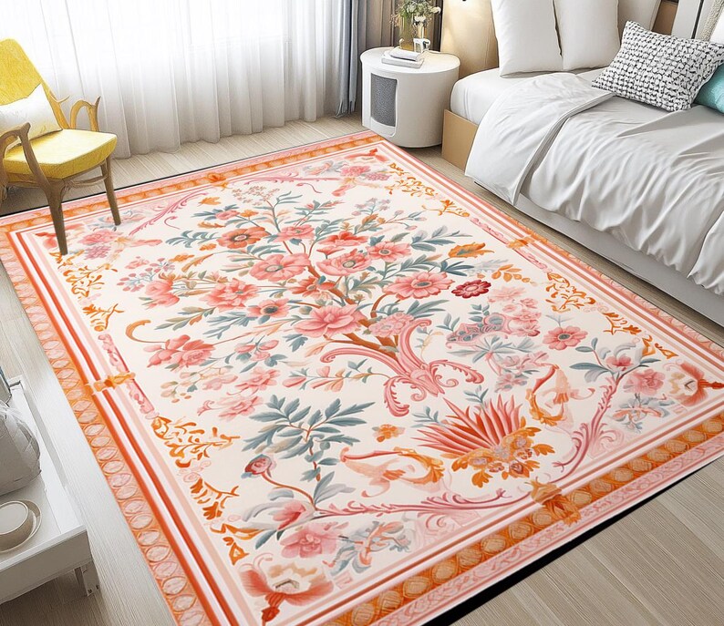 Floral rug, Vintage inspired rug, Pinky rug, Authentic rug, Versatile rug, Surface rug, Washable rug, Latex backing rug, Runner rug, RB-993