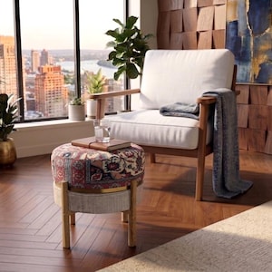 Beige Reversibel Rund Ottoman | Traditioneller Motiv-Holz Fußhocker RB 2178 / 2541