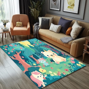 Anti slip area rug, Cute rug, Green color bright rug, Forest rug, Washable runner rug, Hallway rug, Living room rug, Chic indoor rug, RB-623