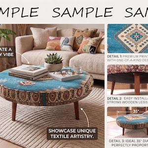 The image is a collage of three photos showcasing a round coffee table with a blue and brown patterned fabric top, a wooden base, and a cozy vibe. The table is accompanied by a potted plant, a book, and a glass, creating a cozy and inviting atmosphere. The collage highlights the unique textile artistry of the coffee table and emphasizes its premium quality, easy installation, and ideal 35" diameter.