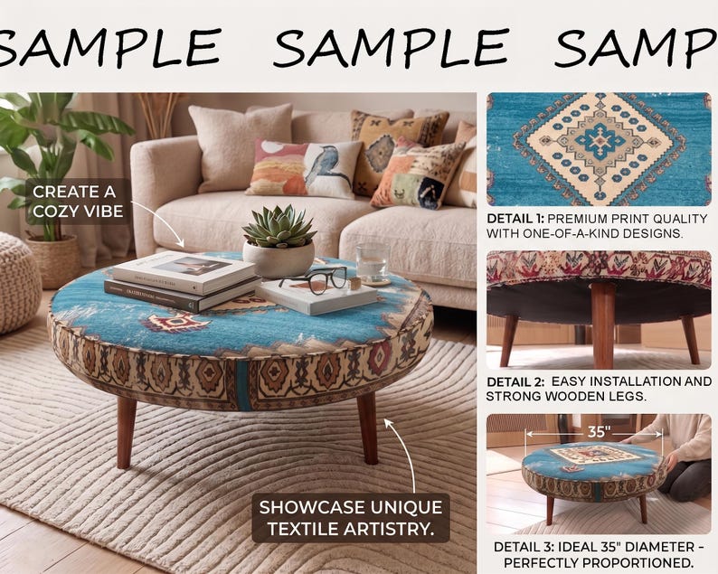 The image is a collage of three photos showcasing a round coffee table with a blue and brown patterned fabric top, a wooden base, and a cozy vibe. The table is accompanied by a potted plant, a book, and a glass, creating a cozy and inviting atmosphere. The collage highlights the unique textile artistry of the coffee table and emphasizes its premium quality, easy installation, and ideal 35" diameter.