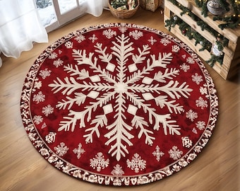 Snowflake print rug, Red round rug, Lovely home decoration, Stain resistant rug, Non slip rug, Retro rug, Dining room rug, Area rug, RB-430
