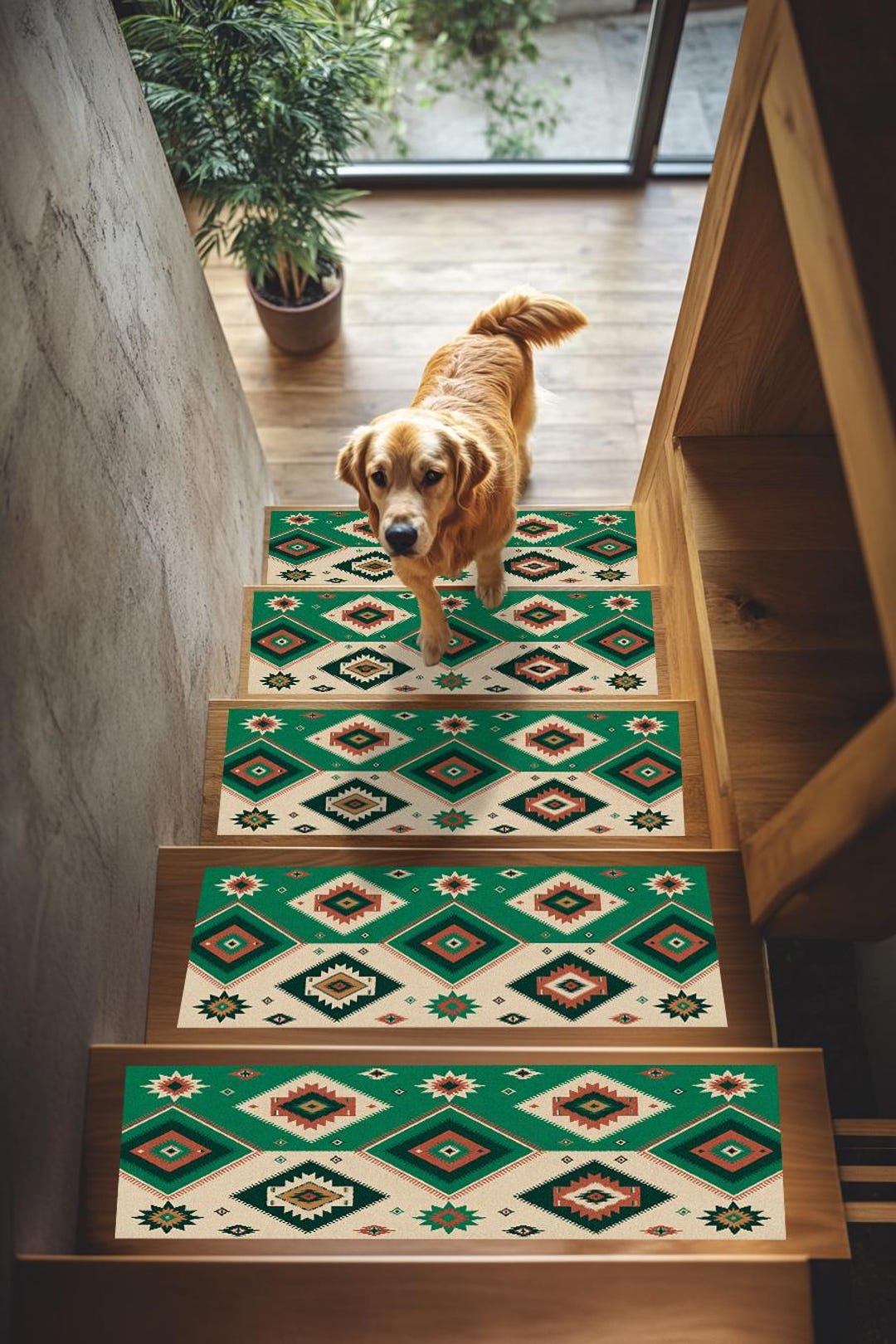 Merida Stair Rug Emerald Green Aztec Stair Treads Non Slip | Tribal Diamond Rugs, RB ...
