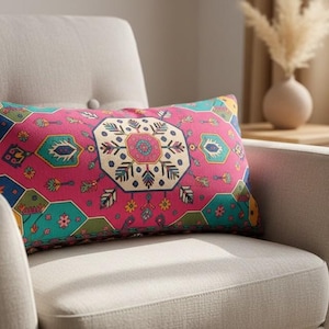 Pink and teal tribal lumbar pillow cover for eclectic living room sofa, RB-2201