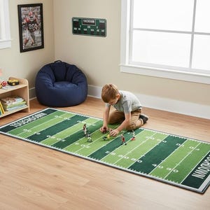 May include: A rectangular green and white football field rug with the word TOUCHDOWN on the end zone. A child is playing with miniature football figures on the rug. A framed football player picture hangs on the wall.