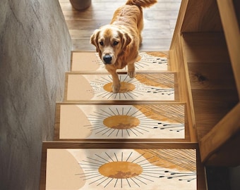 May include: Beige and brown stair treads with a sunburst design. The treads are on a wooden staircase. A golden retriever dog is standing on the top tread.