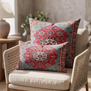 Turquoise and Rust Turkish Kilim Pillow Covers, Double Sided Washable Ethnic Decor, RB-2227