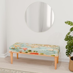 Globe print bench, Vintage style bench, Stylish bench, Functional bench, Ottoman foyer bench, Keyboard chair, Accent piece, RB bench 615