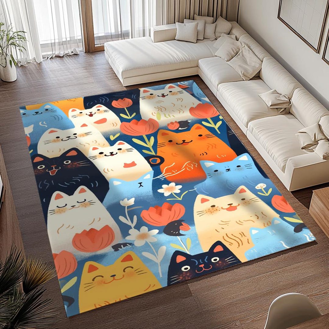 Cat Print Rug, Floral Rug, Colorful Rug, Play Room Rug, Machine ...