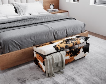 Cowhide Pattern Storage Ottoman Bench with Hidden Compartment, Upholstered End of Bed Bench RB 2122
