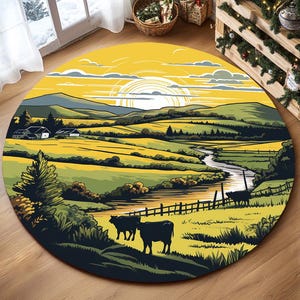 Print area rug, Landscape rug, Round shape rug, Dinning room rug, Non slip rug, Modern decoration, Washable rug, Green color rug, RB-450