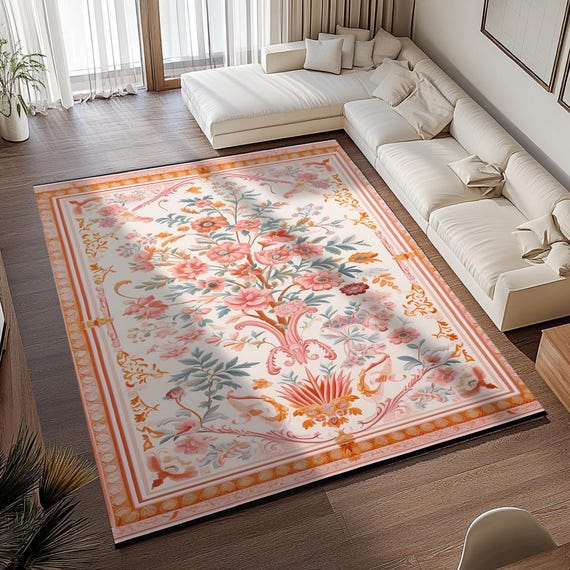 Floral rug, Vintage inspired rug, Pinky rug, Authentic rug, Versatile rug, Surface rug, Washable rug, Latex backing rug, Runner rug, RB-993