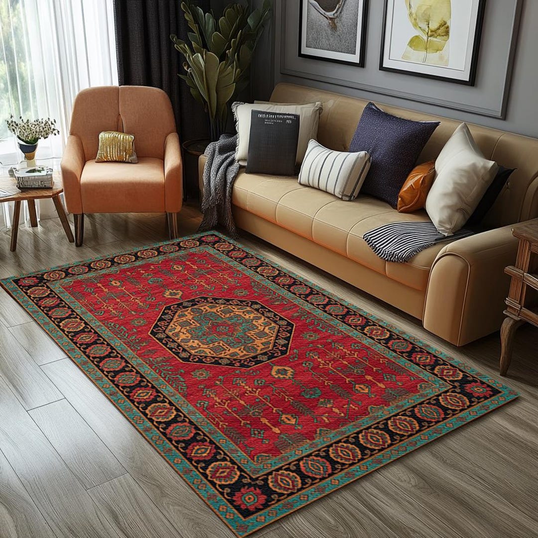 Deep Red Area Rug Deep Red Area Rug Features Navy Borders and Central Medallion Design ...