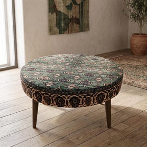 Forest Green Round Ottoman | Circle Patterned Coffee Table | Upholstered Accent Footstool