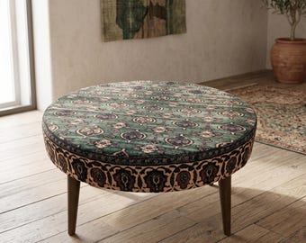 Forest Green Round Ottoman | Circle Patterned Coffee Table | Upholstered Accent Footstool