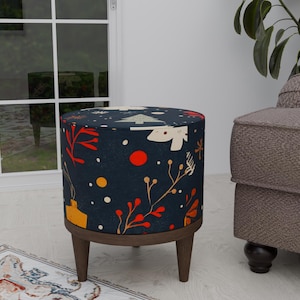 Winter theme pouf, Black footstool, New year gift, Gothic footrest, Round mid table, Entry footstool, Bedroom round pouf, Strong footstool