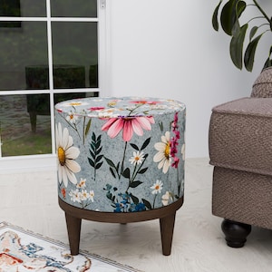 Floral round stool, Gray pouf stool, Handmade footrest, Modern home decor, Designer footstool, Eclectic round pouf, Multipurpose bench