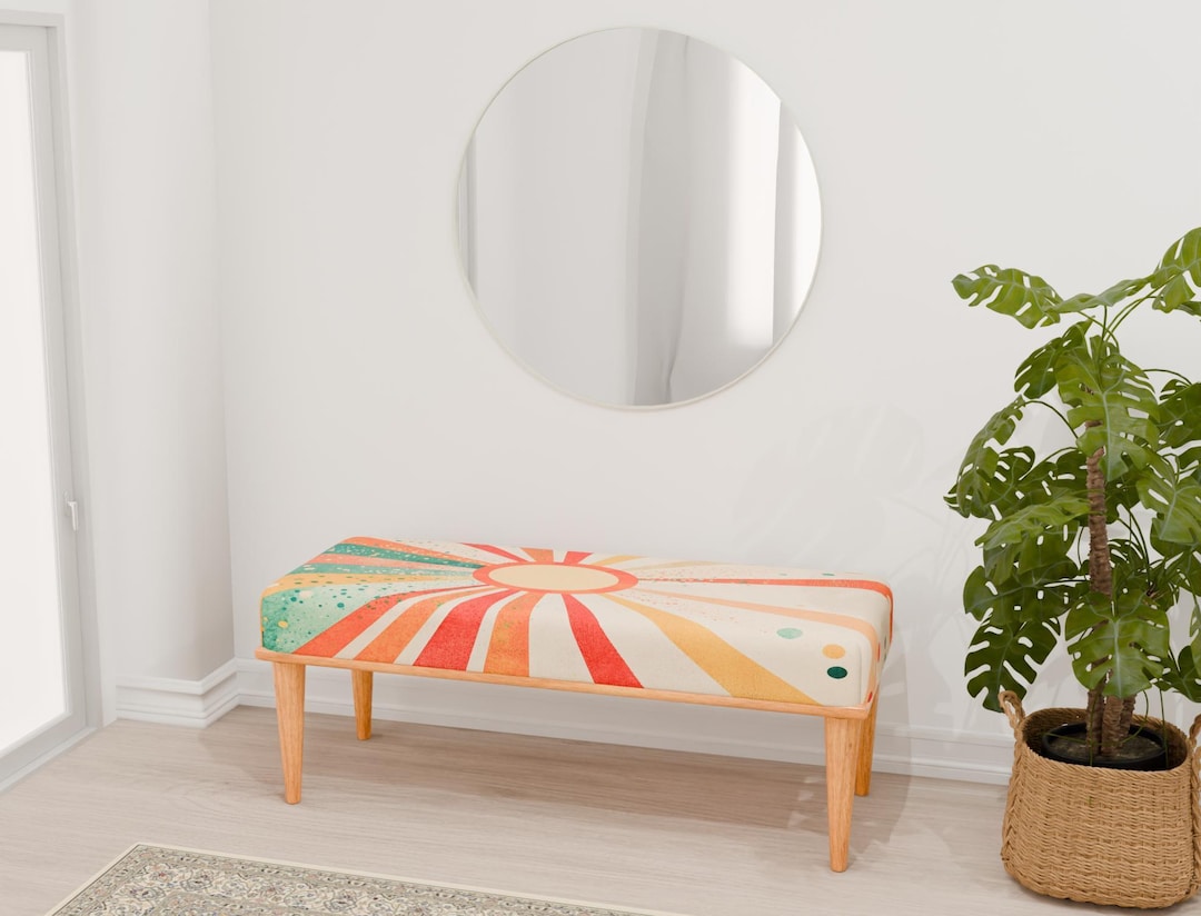 Abstract Pattern Bench, Vibrant Color Bench, Wooden Ottoman Bench ...