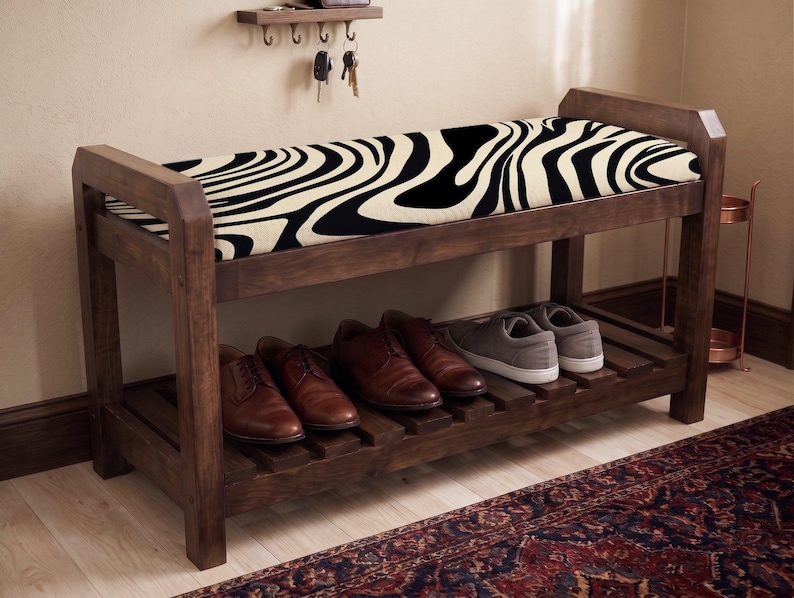 Angled Bench Frame Black Cream Zebra Wave Narrow Shoe Bench | Seat With Lower Rack ...