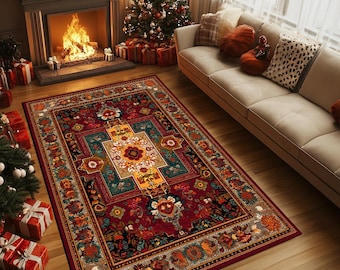 Ethnic design rug, Kilim patterned rug, Non slip rug, Boho home decoration, Living room rug, Fade resistant rug, Rustic rug, RB-1574