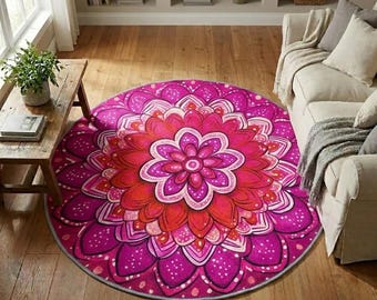 Pink round rug, Machine washable rug, Pet friendly rug, Regular rug, Non slip rug, Soft rug, Terrace rug, Vibrant rug, Mandala rug, RB-776