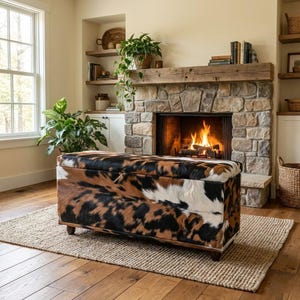 Banco otomano con almacenamiento y estampado animal, banco tapizado llamativo para el extremo de la cama con almacenamiento oculto RB 2089