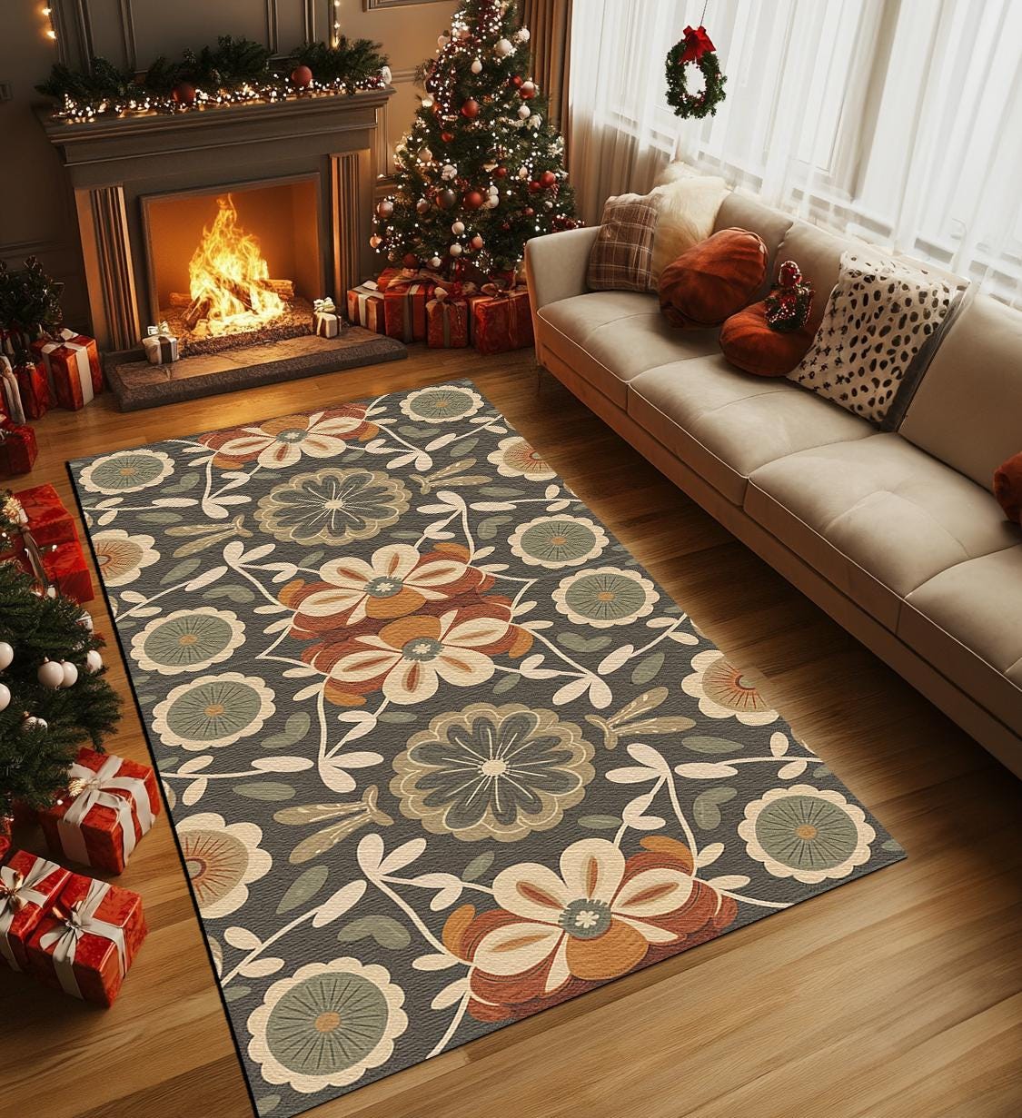 花柄ラグ、玄関ポーチラグ、柔らかな質感のラグ、コンテンポラリーラグ