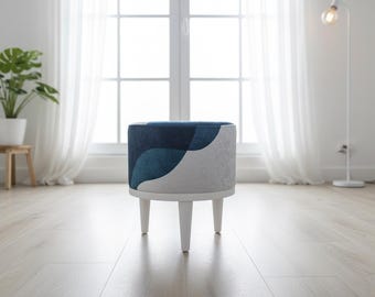 Navy blue ottoman, Vanity round seating, Cozy end table, Bedroom pouf stool, Round piano chair, Minimalist design pouf, Glamory footstool