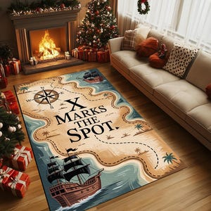 May include: A rectangular rug with a pirate map design. The rug features a compass rose, a treasure map with the text "X Marks the Spot," and illustrations of sailing ships. The color palette includes tan, blue, and brown.