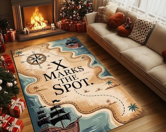 Pirate theme rug, Daily use rug, Nomadic rug, Island print rug, Washable rug, Utility area rug, Non slip back rug, Entryway rug, RB-1541