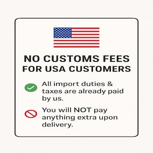 a sign stating "NO CUSTOMS FEES FOR USA CUSTOMERS" with a green checkmark and a red prohibition sign.