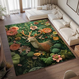 May include: A green, brown, and pink area rug with a deer standing in a field of flowers. The deer is brown with a white face and antlers. The flowers are pink, white, and yellow.